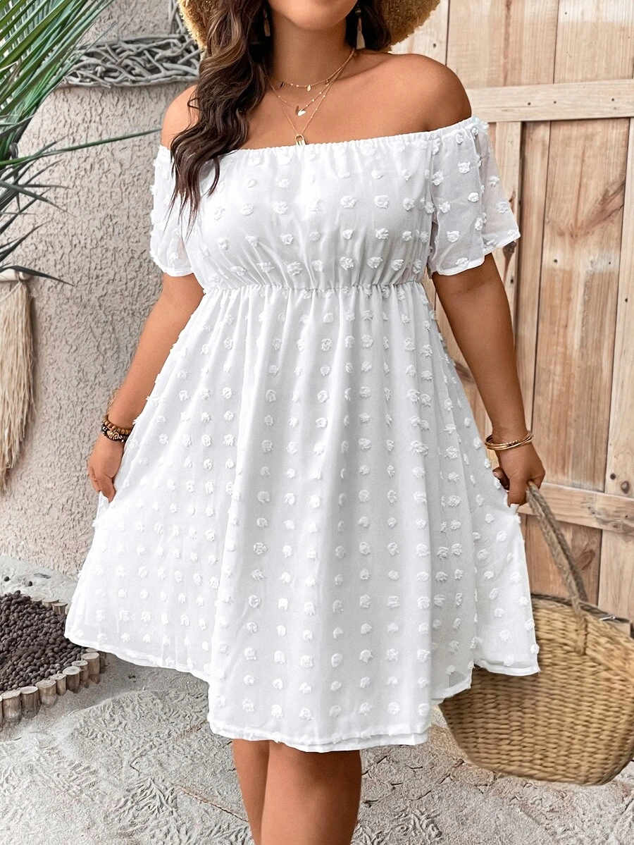 SHEIN Holidaya Plus Swiss Dot Off Shoulder A-line Dress - White - View 1