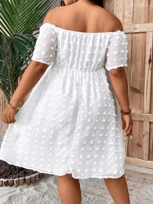 SHEIN Holidaya Plus Swiss Dot Off Shoulder A-line Dress - White - View 2