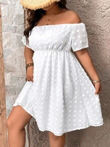 SHEIN Holidaya Plus Swiss Dot Off Shoulder A-line Dress - White - View 3