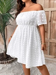 SHEIN Holidaya Plus Swiss Dot Off Shoulder A-line Dress - White - View 5