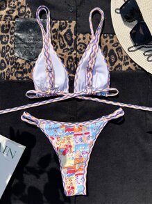 SHEIN Swim Summer Beach Allover Print Triangle Bikini Set - Multicolor - View 3