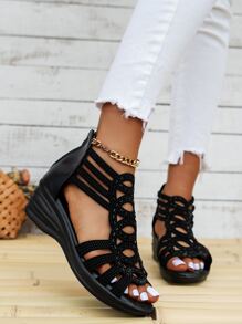 Women Cross Strap Ankle Strap Sandals, Fashion Black Faux Suede Wedge Sandals - Black - View 2