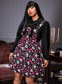 ROMWE PUNK Plus Skull Print Pinafore Dress Without Blouse - Pink - View 3