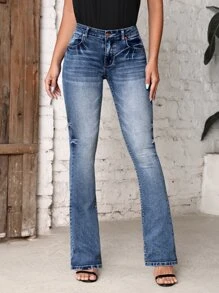 SHEIN Tall Fold Pleated Bootcut Leg Jeans - Medium Wash - View 1