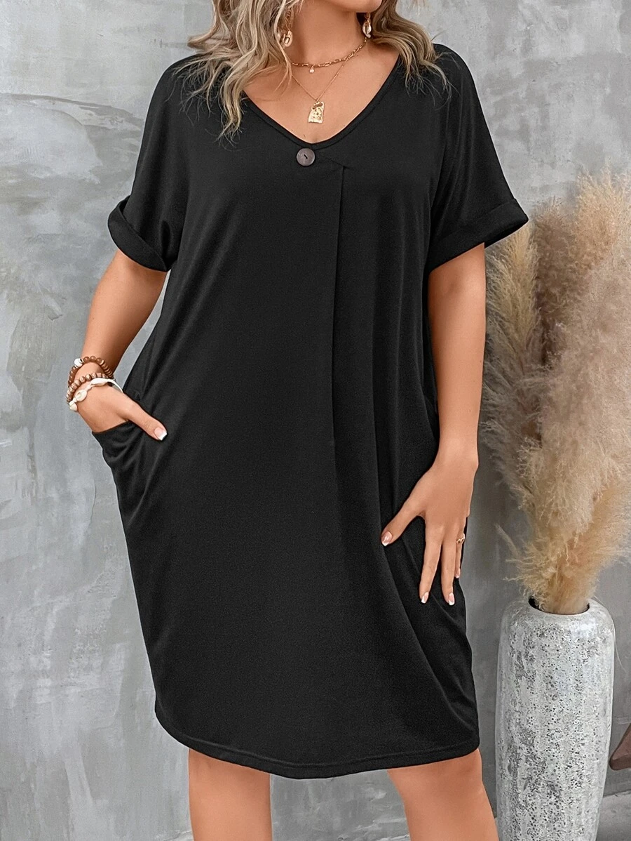 SHEIN LUNE Đầm Plus Size Túi màu trơn Giải trí - màu đen - Xem 1