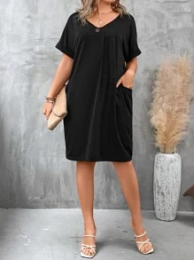 SHEIN LUNE Đầm Plus Size Túi màu trơn Giải trí - màu đen - Xem 3