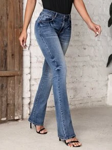 SHEIN Tall Fold Pleated Bootcut Leg Jeans - Medium Wash - View 5