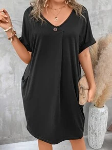 SHEIN LUNE Đầm Plus Size Túi màu trơn Giải trí - màu đen - Xem 6