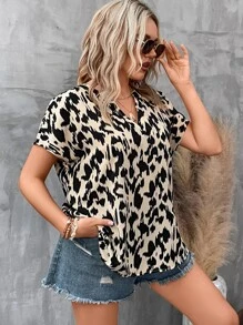 SHEIN LUNE Plus Allover Print Batwing Sleeve Blouse - Multicolor - View 3