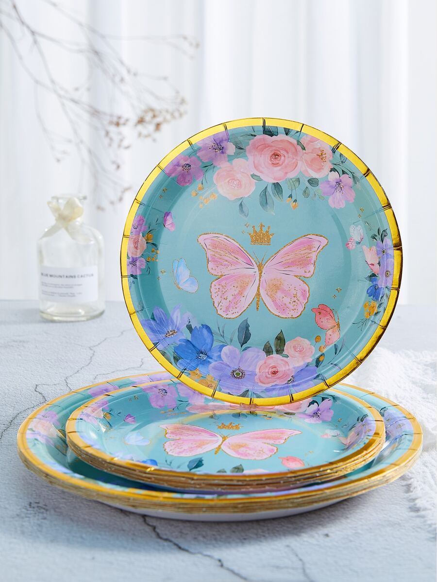 10pcs/set Paper Disposable Plate, Floral & Butterfly Pattern Paper Disposable Dinner Plate - Multicolor - View 1