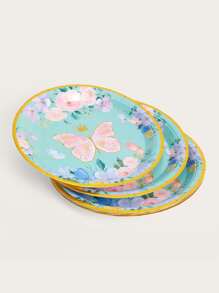 10pcs/set Paper Disposable Plate, Floral & Butterfly Pattern Paper Disposable Dinner Plate - Multicolor - View 2