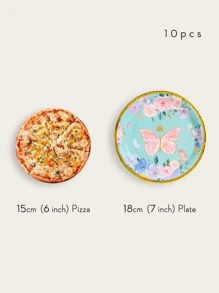 10pcs/set Paper Disposable Plate, Floral & Butterfly Pattern Paper Disposable Dinner Plate - Multicolor - View 3