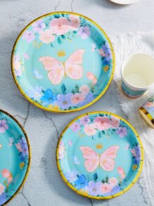 10pcs/set Paper Disposable Plate, Floral & Butterfly Pattern Paper Disposable Dinner Plate - Multicolor - View 5