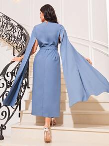 Modelyn Floral Appliques Cloak Sleeve Belted Dress - Dusty Blue - View 3