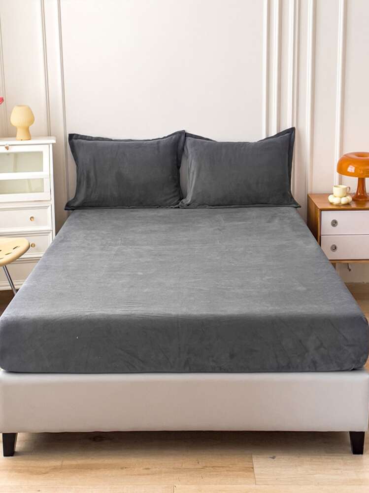 1pc Plain Fitted Sheet, Soft, Breathable, Suitable For All Seasons, Machine Washable, Bedding Decor, Holiday Gift - Light Grey - View 4