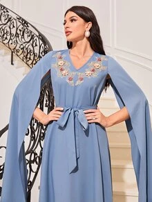 Modelyn Floral Appliques Cloak Sleeve Belted Dress - Dusty Blue - View 6