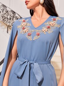 Modelyn Floral Appliques Cloak Sleeve Belted Dress - Dusty Blue - View 2