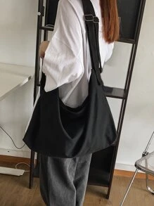 大容量簡約純色帆布手提包,帶拉鍊和肩帶的休閒手提袋,適用於日常、工作、大學、學校 - 黑色 - 查看 5