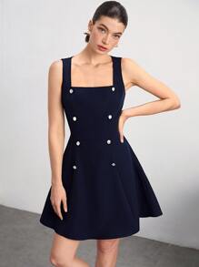 BizChic Chất rắn Đôi ngực Đầm Trang phục làm việc - Màu xanh hải quân - Xem 3