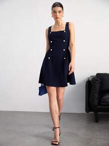 BizChic Chất rắn Đôi ngực Đầm Trang phục làm việc - Màu xanh hải quân - Xem 4