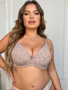 Plus Floral Lace Underwire Bra - Apricot - View 4