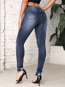 SHEIN Tall Quần jean nữ Hem thô Bị tách Dây kéo màu trơn - Rửa tối - Xem 2