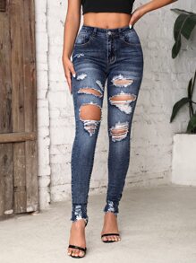 SHEIN Tall Quần jean nữ Hem thô Bị tách Dây kéo màu trơn - Rửa tối - Xem 5