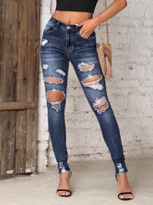 SHEIN Tall Quần jean nữ Hem thô Bị tách Dây kéo màu trơn - Rửa tối - Xem 6