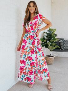 Floral Print Belted Wrap Dress - White - View 1