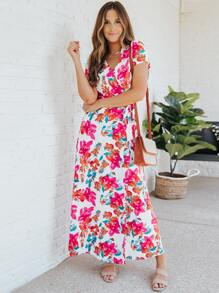 Floral Print Belted Wrap Dress - White - View 3