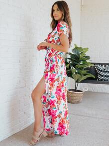 Floral Print Belted Wrap Dress - White - View 4