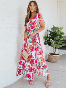 Floral Print Belted Wrap Dress - White - View 5