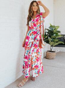 Floral Print Belted Wrap Dress - White - View 6