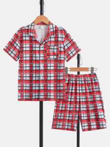 SHEIN 男孩格紋印花口袋貼布襯衫和短褲睡衣套裝