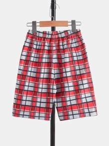 SHEIN 男孩格紋印花口袋貼布襯衫和短褲睡衣套裝