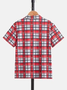 SHEIN 男孩格紋印花口袋貼布襯衫和短褲睡衣套裝