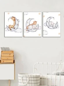 3 Cái/bộ Vải Không Dệt Tranh Có Khung, Hoạt Hình Hình Con Voi Dễ Thương & Mặt Trăng Hoa Văn Treo Tường Tranh Nghệ Thuật Cho Gia Đình - Nhiều màu - Xem 2