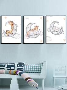 3 Cái/bộ Vải Không Dệt Tranh Có Khung, Hoạt Hình Hình Con Voi Dễ Thương & Mặt Trăng Hoa Văn Treo Tường Tranh Nghệ Thuật Cho Gia Đình - Nhiều màu - Xem 5