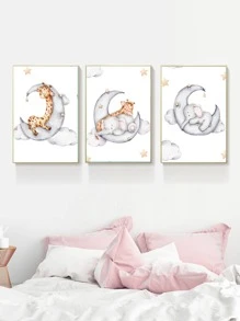 3 Cái/bộ Vải Không Dệt Tranh Có Khung, Hoạt Hình Hình Con Voi Dễ Thương & Mặt Trăng Hoa Văn Treo Tường Tranh Nghệ Thuật Cho Gia Đình - Nhiều màu - Xem 6