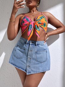 SHEIN SXY Plus Button Front Denim Skort - Light Wash - View 1