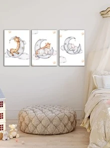 3 Cái/bộ Vải Không Dệt Tranh Có Khung, Hoạt Hình Hình Con Voi Dễ Thương & Mặt Trăng Hoa Văn Treo Tường Tranh Nghệ Thuật Cho Gia Đình - Nhiều màu - Xem 7