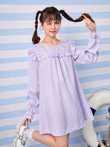 ROMWE Kawaii Gingham Print Ruffle Trim Loe Tay Dress - Màu tím - Xem 1
