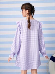 ROMWE Kawaii Gingham Print Ruffle Trim Loe Tay Dress - Màu tím - Xem 2