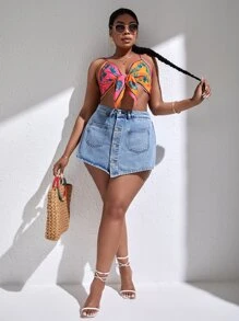 SHEIN SXY Plus Button Front Denim Skort - Light Wash - View 3