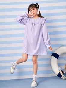 ROMWE Kawaii Gingham Print Ruffle Trim Loe Tay Dress - Màu tím - Xem 3