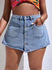 SHEIN SXY Plus Button Front Denim Skort - Light Wash - View 4