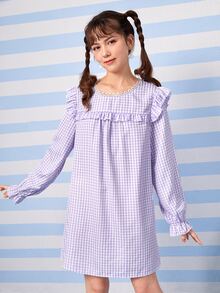ROMWE Kawaii Gingham Print Ruffle Trim Loe Tay Dress - Màu tím - Xem 4
