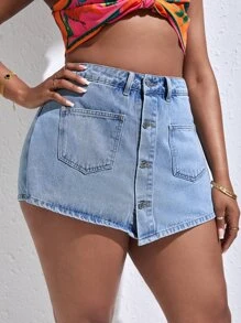 SHEIN SXY Plus Button Front Denim Skort - Light Wash - View 5