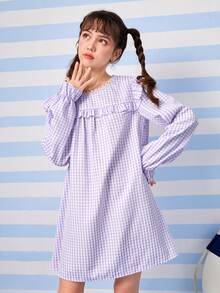 ROMWE Kawaii Gingham Print Ruffle Trim Loe Tay Dress - Màu tím - Xem 5