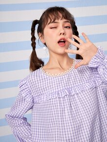 ROMWE Kawaii Gingham Print Ruffle Trim Loe Tay Dress - Màu tím - Xem 6